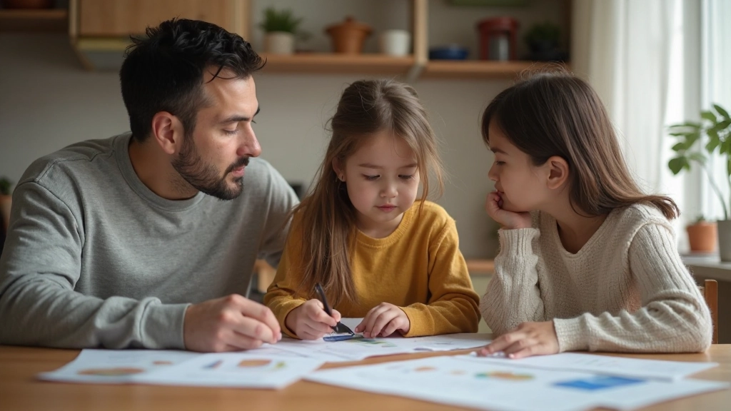 Семья обсуждает бюджет за кухонным столом с графиками и документами
