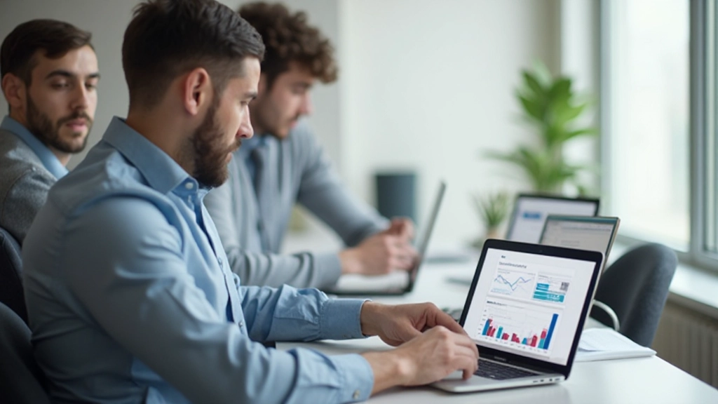 Аналитик анализирует финансовые данные на компьютере в современном офисе