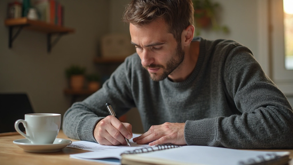 Человек записывает свои финансовые цели в блокнот