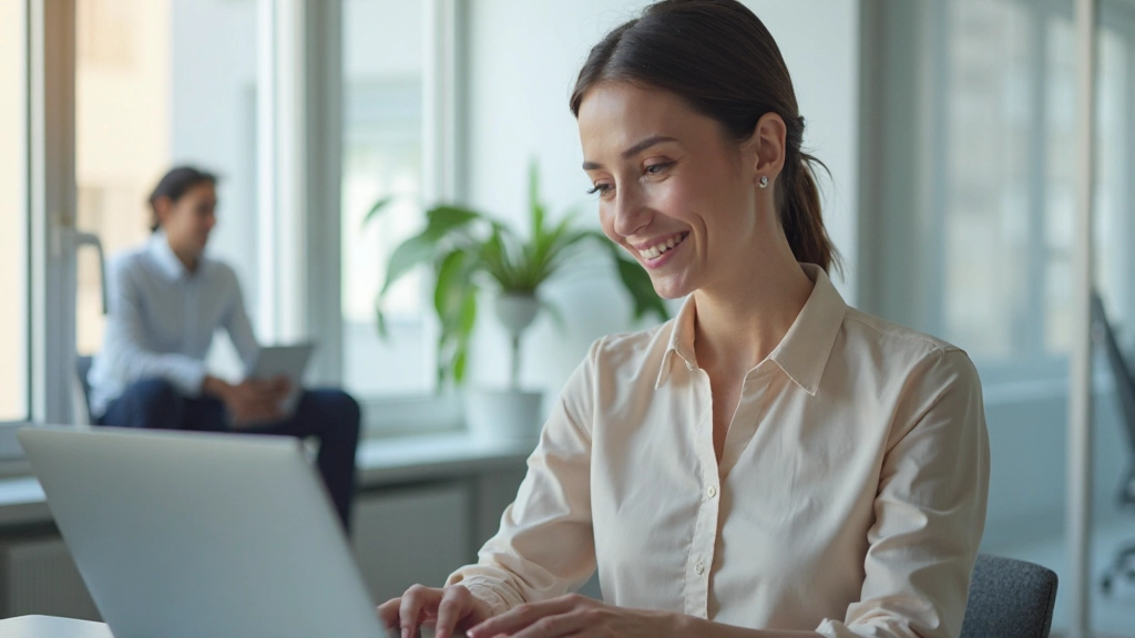 Женщина смотрит на монитор с графиком положительной динамики сбережений