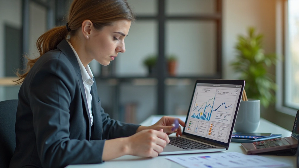 Аналитик работает с графиками и данными о расходах на компьютере