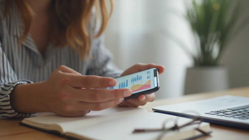 Женщина просматривает приложение управления бюджетом с диаграммами и статистикой расходов на смартфоне